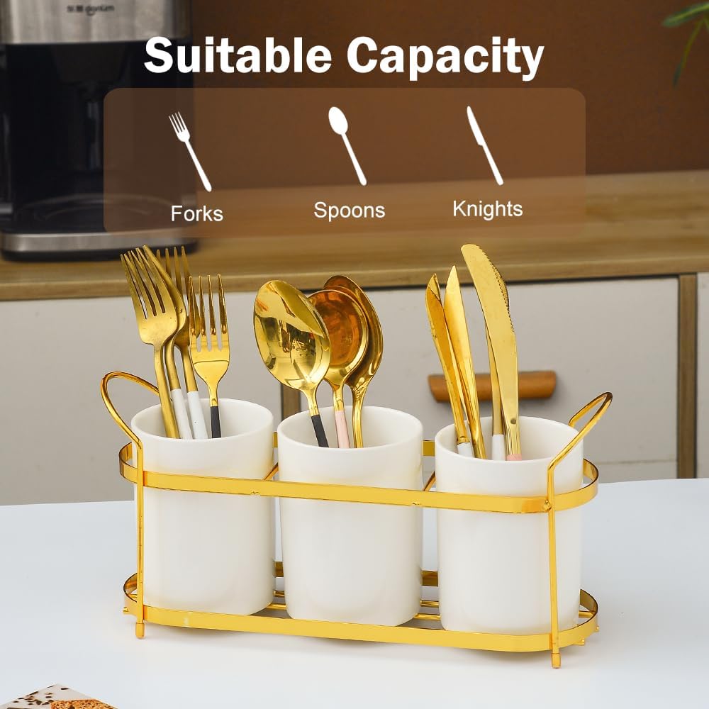3-Piece White Ceramic Silverware Cutlery Holder with Black Metal Rack, Utensil Holder Flatware Caddy Cutlery Storage Organizer for Kitchen and Countertop (White)