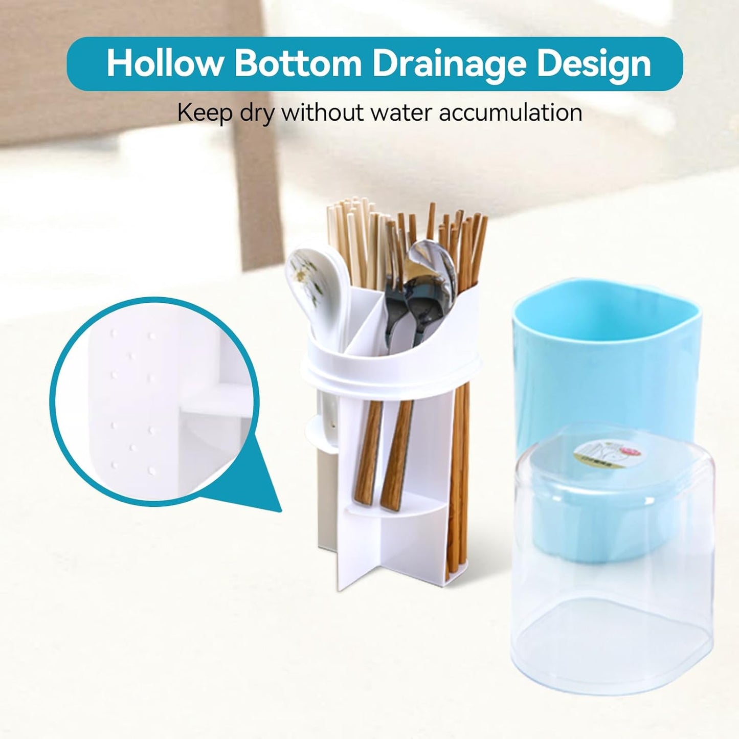 HERCHR Kitchen Utensil Holder with Cover, 4 Compartment Wall-Mounted Countertop Plastic Silverware Holder Utensil Drying Rack for Cutlery, Chopstick, Spoons, Forks, Knives(Blue)