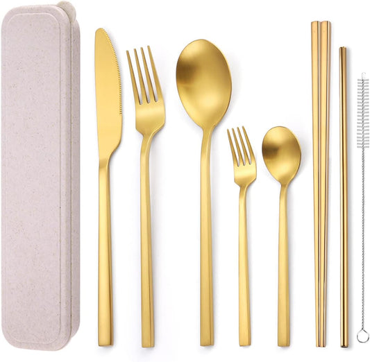 AARAINBOW 8 Pieces Stainless Steel Flatware Set Portable Reusable Cutlery Set Travel Utensils Set Including Chopsticks Knife Fork Spoon Straws Cleaning Brush Dishwasher Safe (Black Golden)