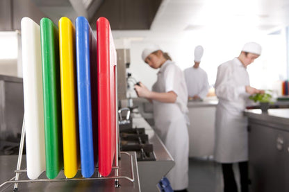 Thirteen Chefs 20 x 15 Inch Color Coded Cutting Boards - Set of 6 White, Red, Green, Blue, Yellow, Brown - 1/2" Thick HDPP Plastic for Food Service