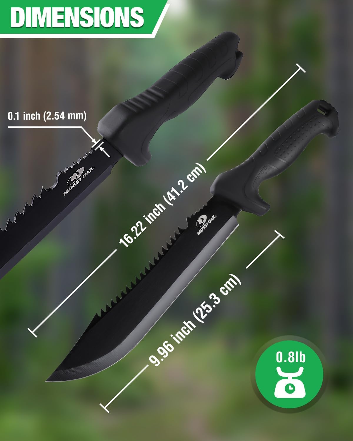 Mossy Oak 16" Heavy Duty Machete with Saw and Sheath, Sharp Dual-Edge Blade, Ergonomic Non-Slip Handle for Bushcraft, Outdoor Hunting, Garden Cutting and Yard Work