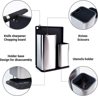 KAUKKO Universal Knife Block Holder, Large Stainless Steel Kitchen Knife Organizer, Modern Countertop Space Saver Knife Storage Stand with Scissors-slots (Knives Not Included)