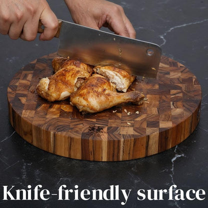 Teak Wood Round End Grain Cutting Board 11.8 Inch, Non Toxic Solid Wood Cutting Board for Kitchen Prep, Pizza & Serving Board with Handle by New M Way