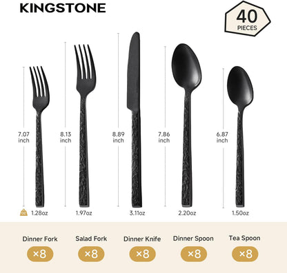 KINGSTONE 24 Pcs Black Hammered Silverware Set with Steak Knives for 4, 18/10 Stainless Steel Heavy Duty Flatware Set, Tableware Cutlery Utensil Sets for Home Restaurant Dishwasher Safe