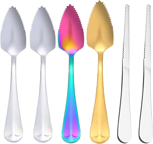 Grapefruit Spoons Serrated Edge, Grapefruit Knife & Spoon Curved Serrated Set, Stainless Steel Grapefruit Utensil Tool Dessert Spoons for Citrus Lemon Kiwi Salads Melon Lime Pitaya Apple Fruit Puree