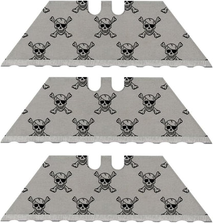 NDZ Performance Serrated Steel Blade Replacement for Utility Knife & Box Cutters, Custom Double Sided Laser Engraved Designs, Silver - Skull - 3 Pack