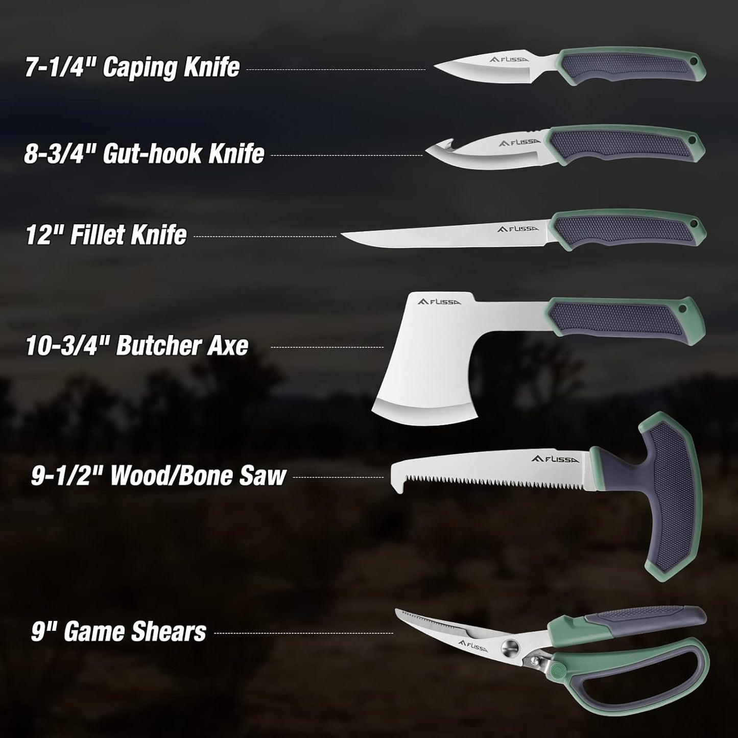 FLISSA Hunting Field Dressing Kit, 10 Piece Hunting Knife Set with Skinning Knife, Butcher Game Processing Kit with Portable Storage Case for Deer, Meat Processing, Fishing, Camping, Survival