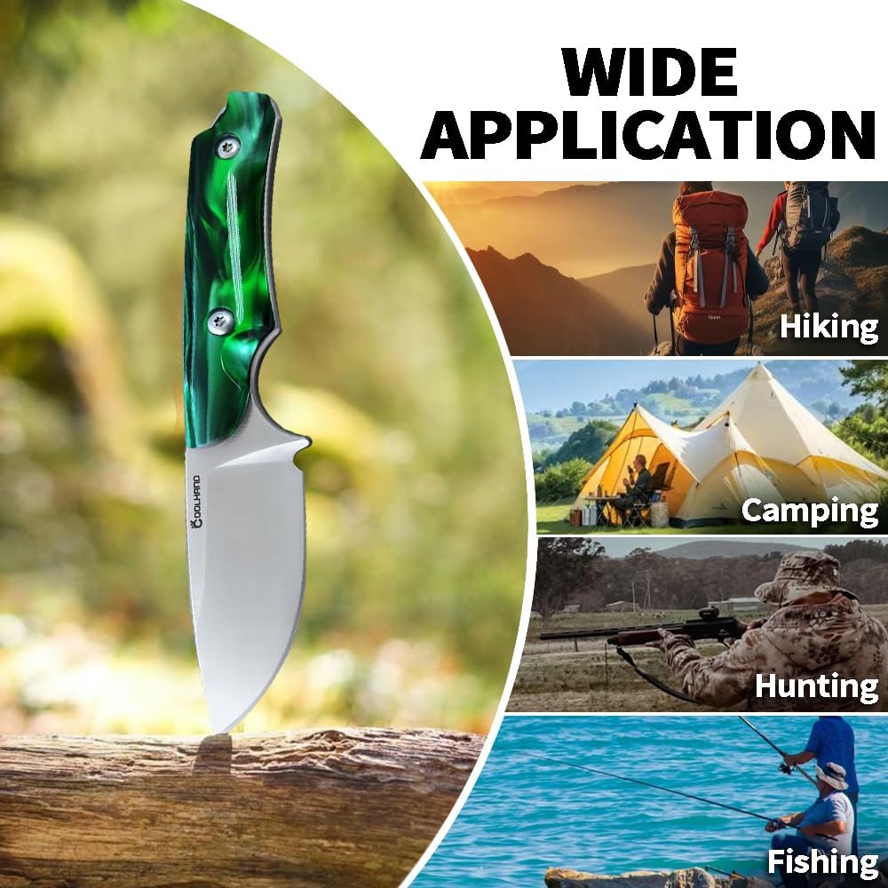 Cool Hand 5.98" Knife with Leather Sheath, Full Tang Compact Horizontal Carry Knife, Leather Belt Loop Sheath with Buckle, Outdoors Drop Point 440C Fixed Blade, Ram Horn Handle
