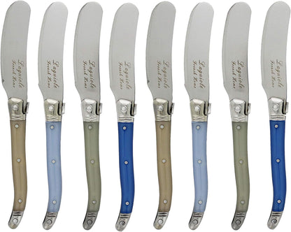 French Home Laguiole Spreader Set – 8 Piece Cheese & Butter Spreader Set with Blue and Cream Handles – Elegant & Practical Charcuterie Tools (6.25")