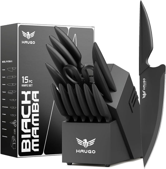Kitchen Knife Set with Block: 15-Piece High Carbon Stainless Steel Professional Knives - Dishwasher Safe with Sharpener - Comfortable Grip Reduces Hand Fatigue 30% - Black