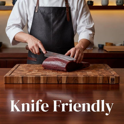 Premium End Grain Teak Cutting Board 12" x 8" x 1" with Handle & Juice Groove, Medium Thick Solid Non-toxic Wood Butcher Block for Meat, Fruit, Cheese & Kitchen Prep by New M Way