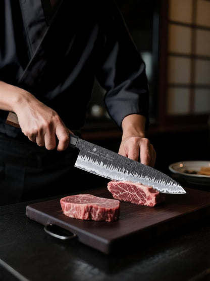 8 Inch Japanese Chef Knife, Hand Forged Gyuto Knife 9 Layers High Carbon 10CR15MOV Steel Kitchen Knife Ultra Sharp & Durable Professional Japanese Sashimi Knife with Ergonomic Rosewood Handle