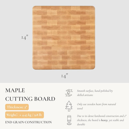 Vandroop Maple Wood End Grain Cutting Board for Kitchen - Square Wooden Maple Heavy Butcher Block Chef's Board 14x14x2”- Reversible End-Grain Chopping Board with Finger Grips