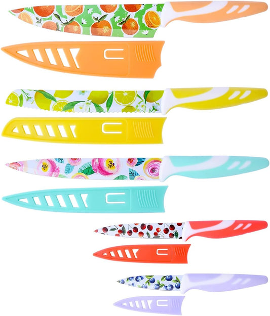 UPTRUST 10-piece Stainless Steel Kitchen Knife Set, Nonstick Coated with 5 Blade Guard, Multicolored Knives Set Gift for Mom