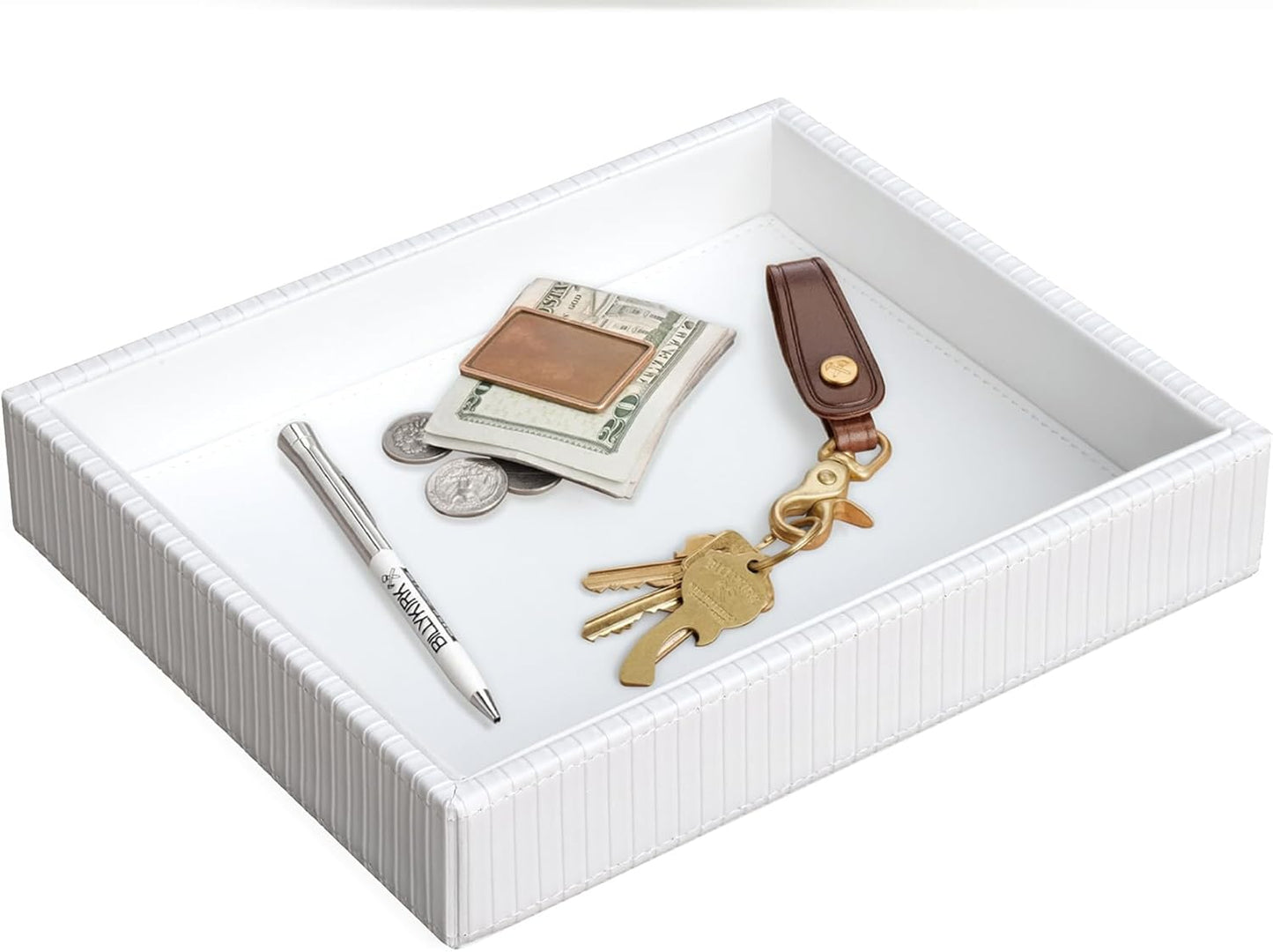 HofferRuffer Faux Leather Vanity Tray, Elegant Desktop Storage Organizer, Decorative Catchall for Perfume, Bathroom Valet, Nightstand or Dresser, 10.2 x 8.4 x 1.8 inches (Grey Stripe)