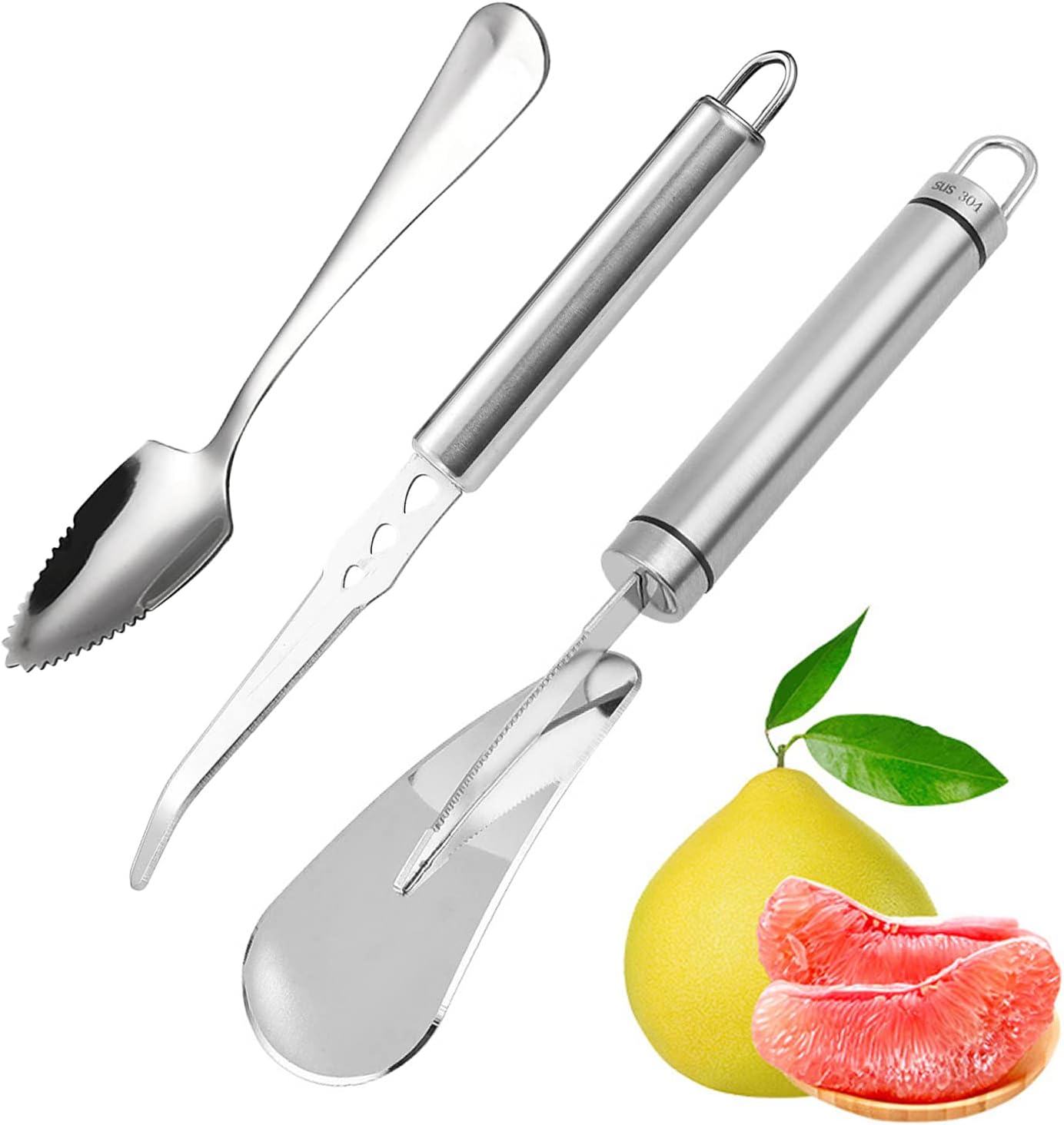 Grapefruit Knife - Curved Serrated Stainless Steel, Pack of 2 with 2 Pcs Spoons, for Grapefruit & Oranges