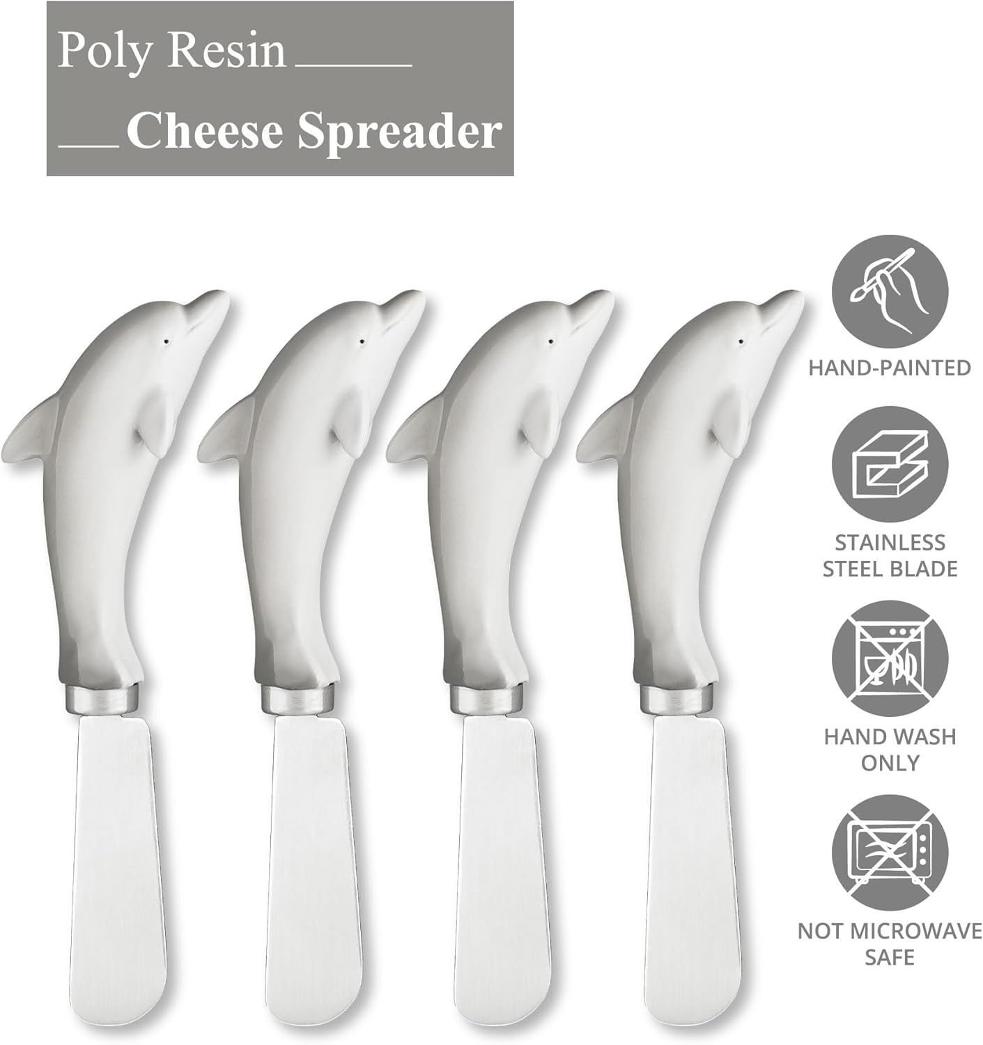 Supreme Housewares Blue Wash Sea Animals Cheese Spreaders, Hand-Painted Resin Handles with Stainless Steel Blades for Spreading Cream Cheese, Butter, and Jam, Assorted Designs, Set of 4