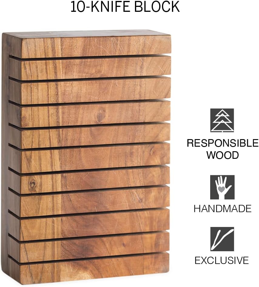 Vivaterra Acacia Wood Horizontal 10-Knife Block, 7”L x 3”W x 10.75”H, 10 Slot Kitchen Knife Holder, Universal Knife Block, Wooden Knife Holder for Kitchen Counter