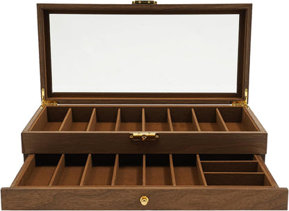 Single Tier Pocket Knife Display Case 8 Slot Lockable Knife Storage Box Knife Collection Display Holder with Transparent Glass Top & Drawer for Utility Knife, Camping Knife (Ebony Color)