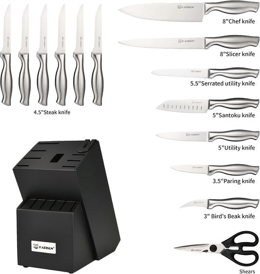Kitchen Knife Set, 15 Pieces Knife Set with Block, Knives Set for Kitchen, Silver Hollow Ergonomic Handle for Chef Knife Set, Kitchen Shears,Black Knife Block Set