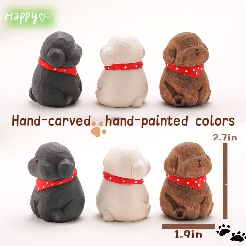 Hand-Carved Wooden Teddy Dog Figurine, 2.7" Brown Puppy Statue with Base for Car Dashboard, Desk & Home Decor, Gift for Dog Lovers
