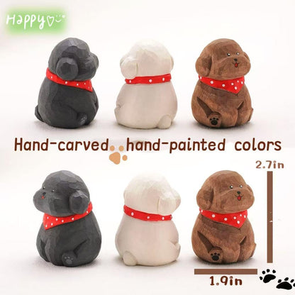 Hand-Carved Wooden Teddy Dog Figurine, 2.7" Brown Puppy Statue with Base for Car Dashboard, Desk & Home Decor, Gift for Dog Lovers