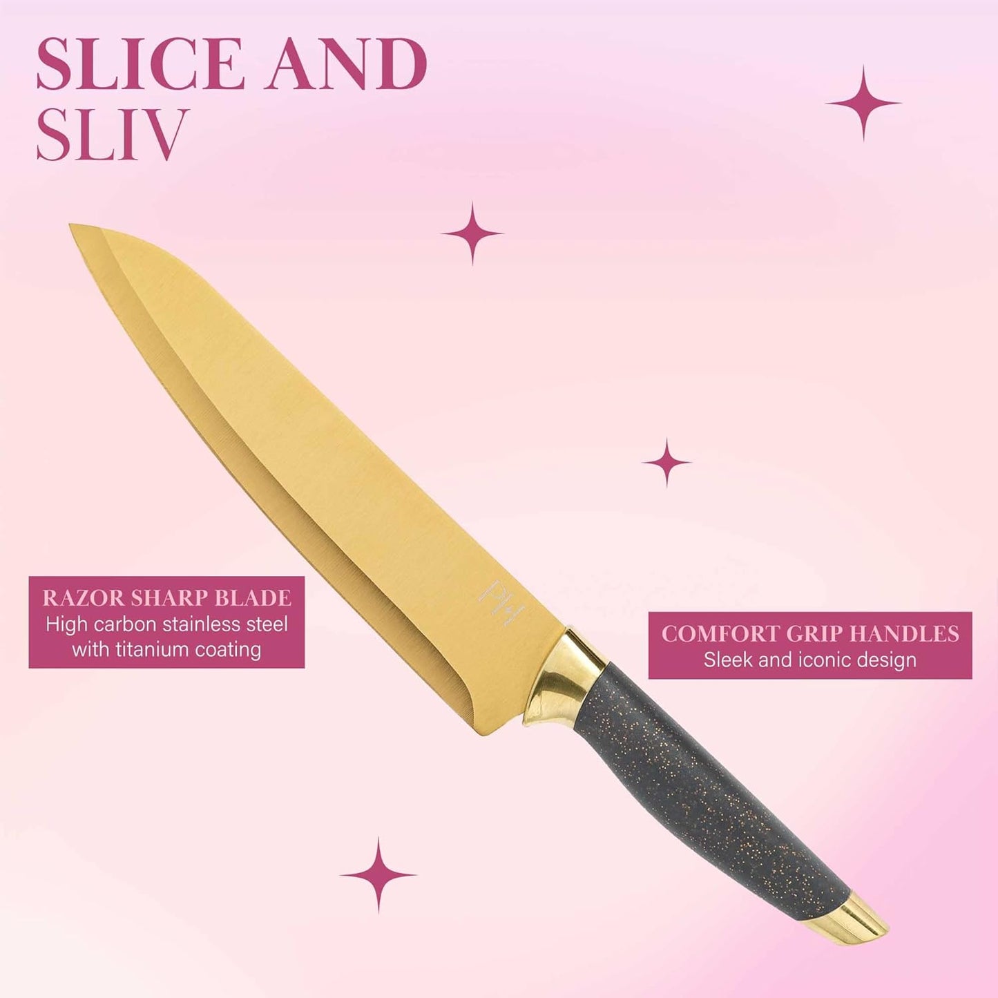 Paris Hilton Bamboo Cutting Board for Kitchen, Reversible Cutting Board and Cutlery Set with High Carbon Stainless Steel Knives and Blade Guards, Comfortable Handle Grips, 7-Piece Set, Gold and Pink