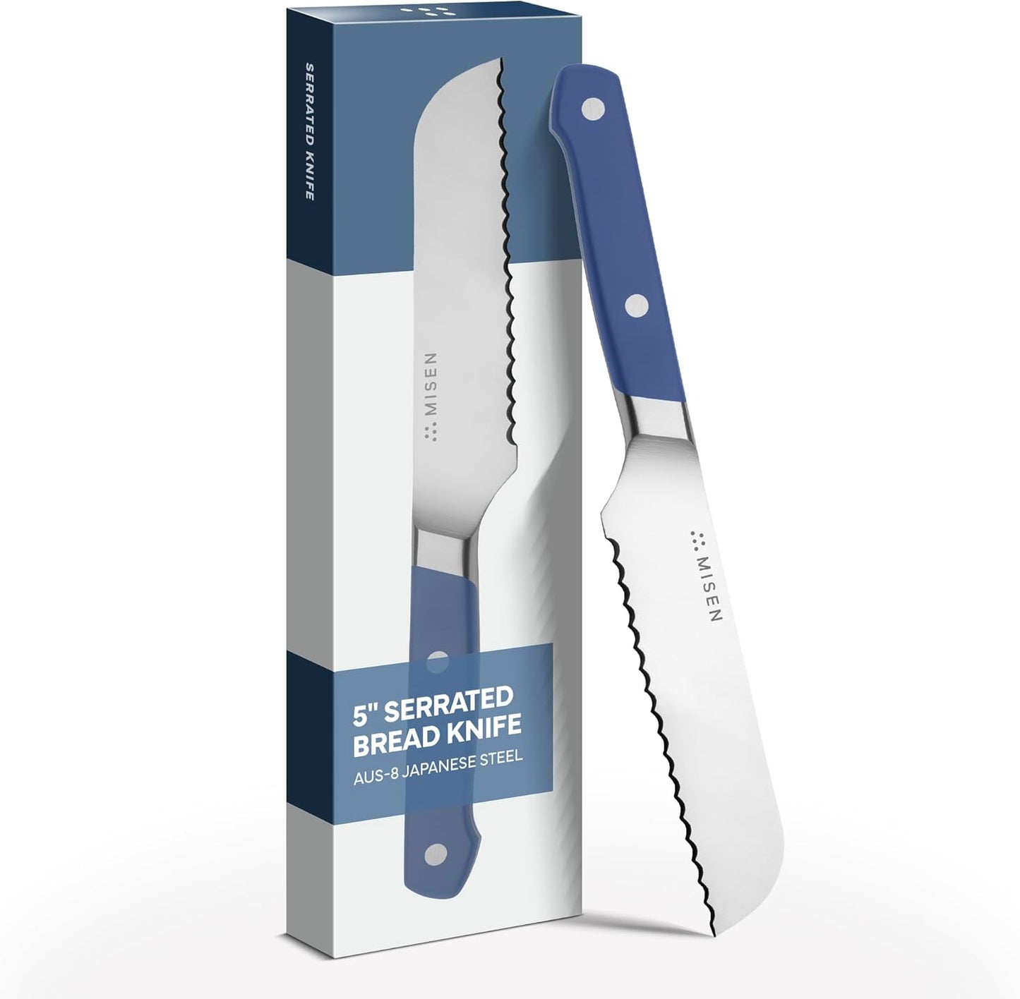 Misen Serrated Bread Knife - High-Carbon Japanese AUS8 Steel - Perfect for Soft Foods, Bread, Pastries, and Fruits - Verstatile Slicer, Razor-Sharp Edge, Durable Blade, Ergonomic Handle - 5", Blue