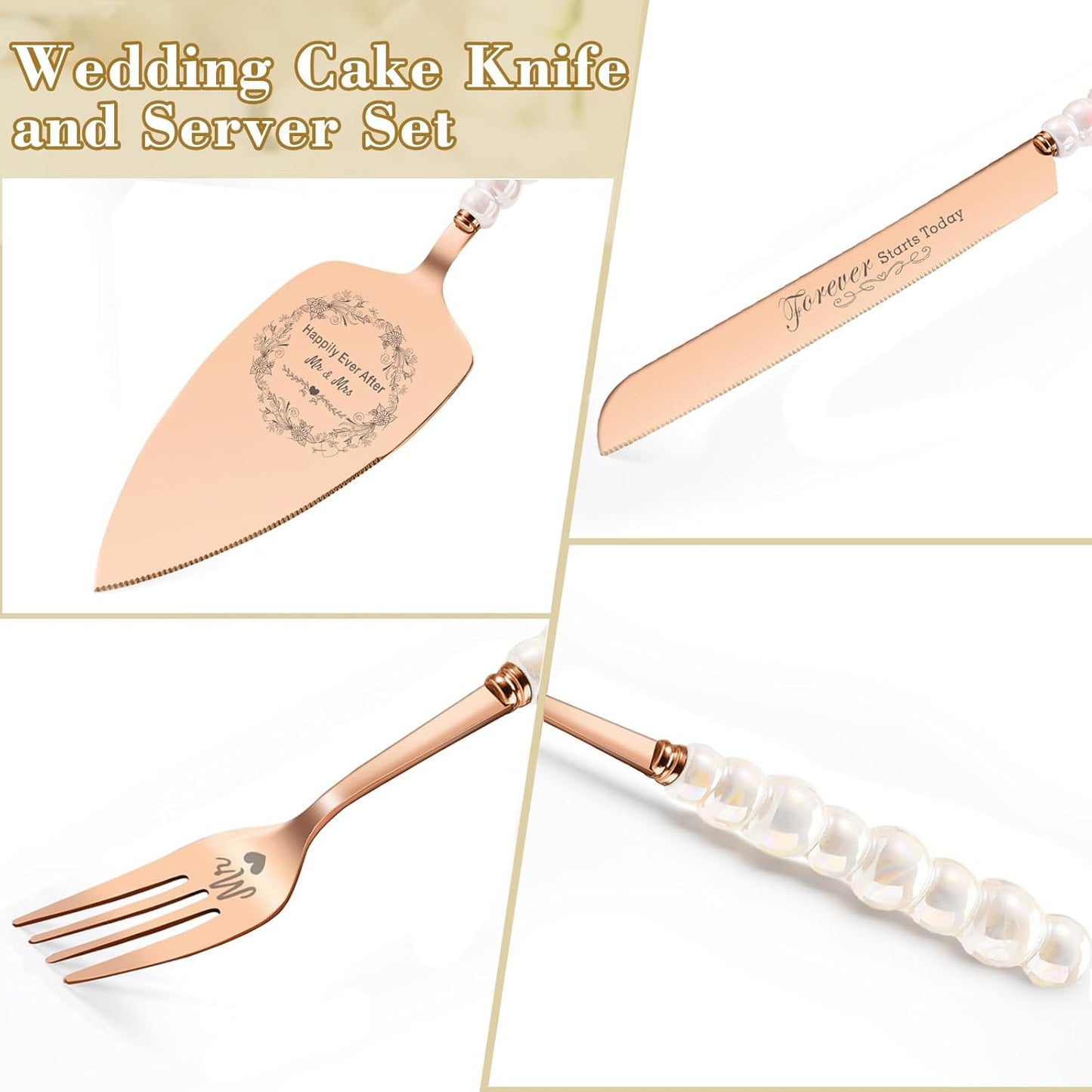 Wedding Cake Knife and Server Set, Gold Ceramic Pearl Handle Cake Cutting Set for Weddings, Engagements, Anniversaries, and Engagement Gifts for Couples