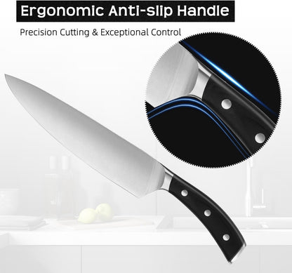 Knife Set, Jourmet 15-Piece Kitchen Knife Set with Block and Sharpener, High Carbon Stainless Steel Sharp Knives, Anti-slip Ergonomic Handle, Black Knife Block Set