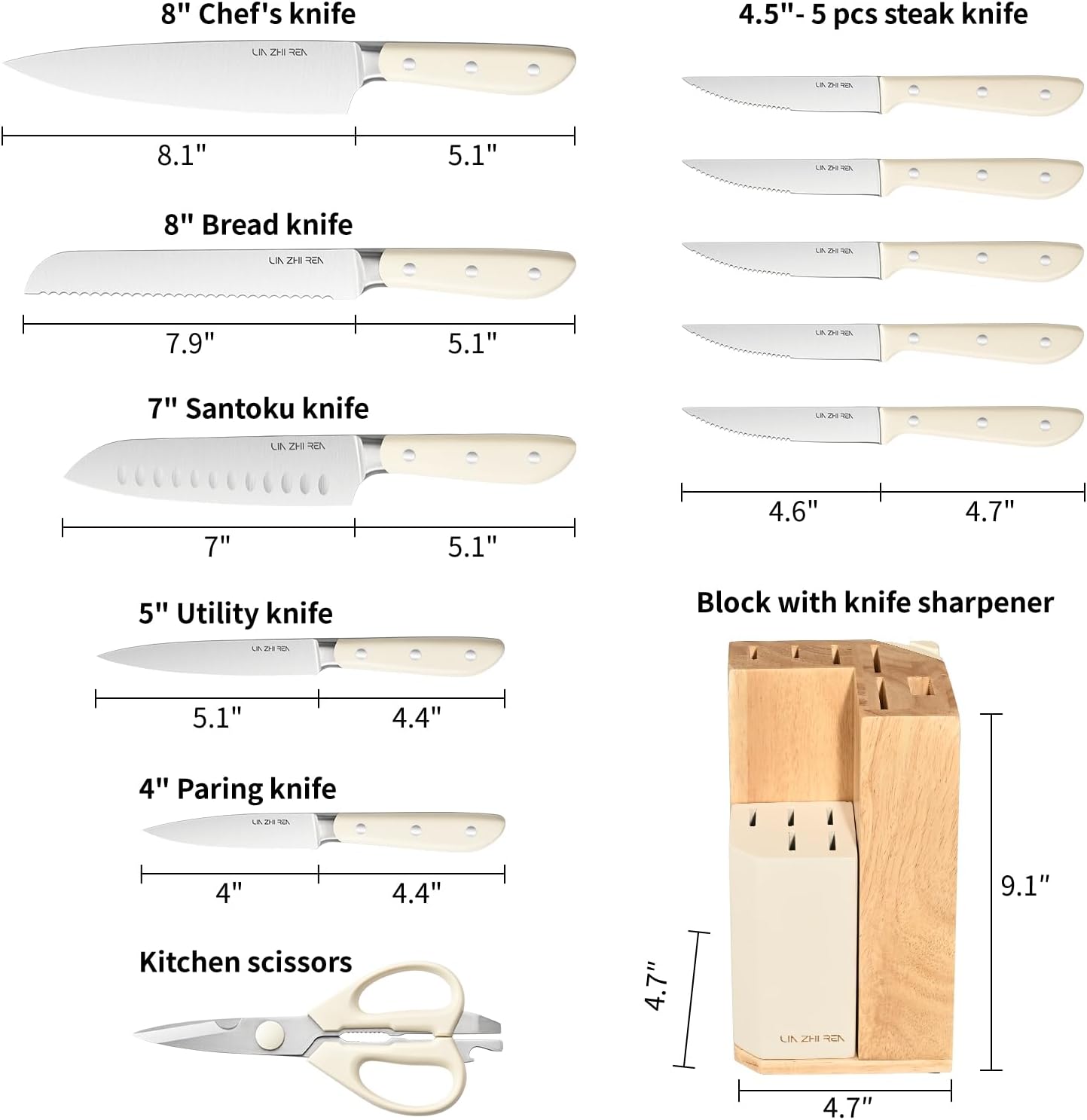 14-Piece Kitchen Knife Set with Detachable Block, High Carbon Stainless Steel Dishwasher Safe Knives, Includes Chef, Santoku, Bread, Steak Knives for Home Kitchen,White
