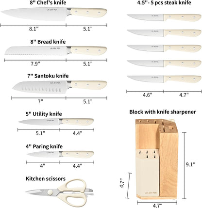 14-Piece Kitchen Knife Set with Detachable Block, High Carbon Stainless Steel Dishwasher Safe Knives, Includes Chef, Santoku, Bread, Steak Knives for Home Kitchen,White