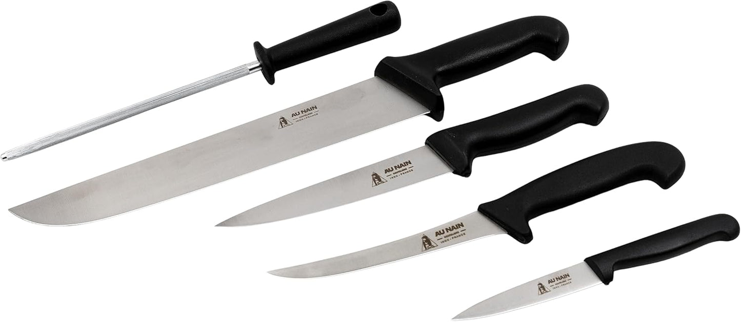 Pro Butcher Meat Processing Knife Set, Butcher's Knife, Curved Boning Knife, Fillet Knife, Paring Knife, Sharpener, Roll Case Perfect For Hunting Trips, Made In Thiers France Since 1885