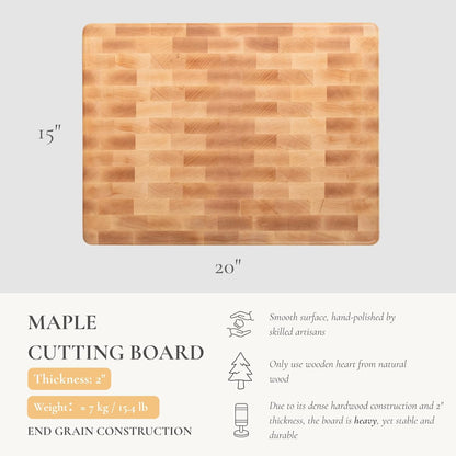 Vandroop Maple Wood End Grain Cutting Board for Kitchen - Square Wooden Maple Heavy Butcher Block Chef's Board 14x14x2”- Reversible End-Grain Chopping Board with Finger Grips