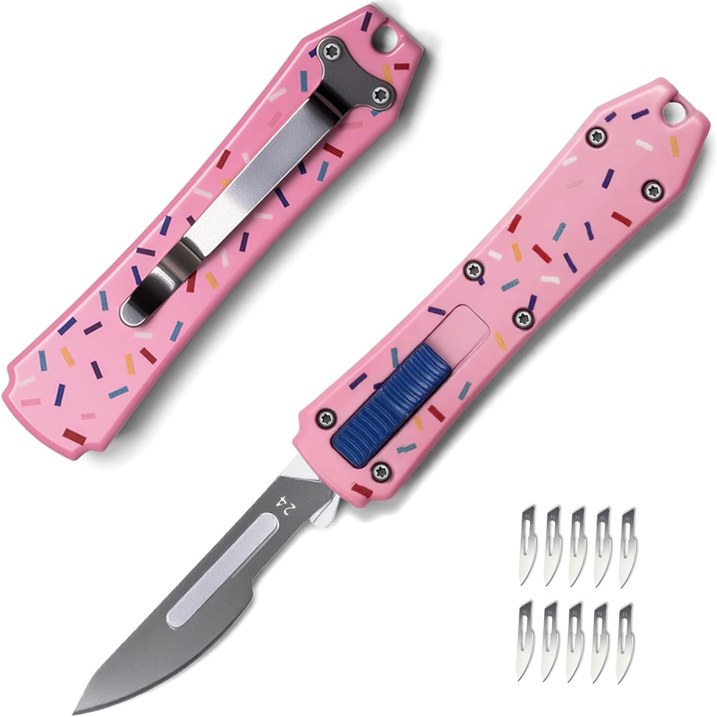 Automatic Utility Knife,All Metal Construction Carbon Stainless Steel Blade,Box Cutter Quick Change Retractable,EDC Push Button with Clip,10PCS #23 Blades Replacement,Stars&Stripes