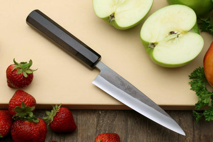 Yoshihiro Kurouchi Black-Forged Blue Steel Stainless Clad Santoku Chefs Knife and Petty Utility Knife 2pc Set Ebony Handle (Santoku 165mm / Petty 135mm & Saya Cover)