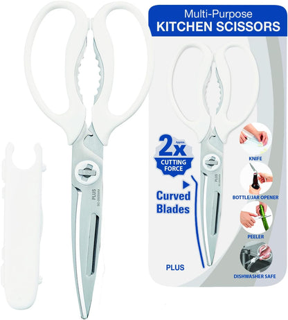 Multi-Purpose Kitchen Shears – Meat & Vegetable Cutter, Crab Cracker, Vegetable Peeler, Jar & Bottle Opener, Knife, Safety Cap, Dishwasher Safe (1 Pair, White)