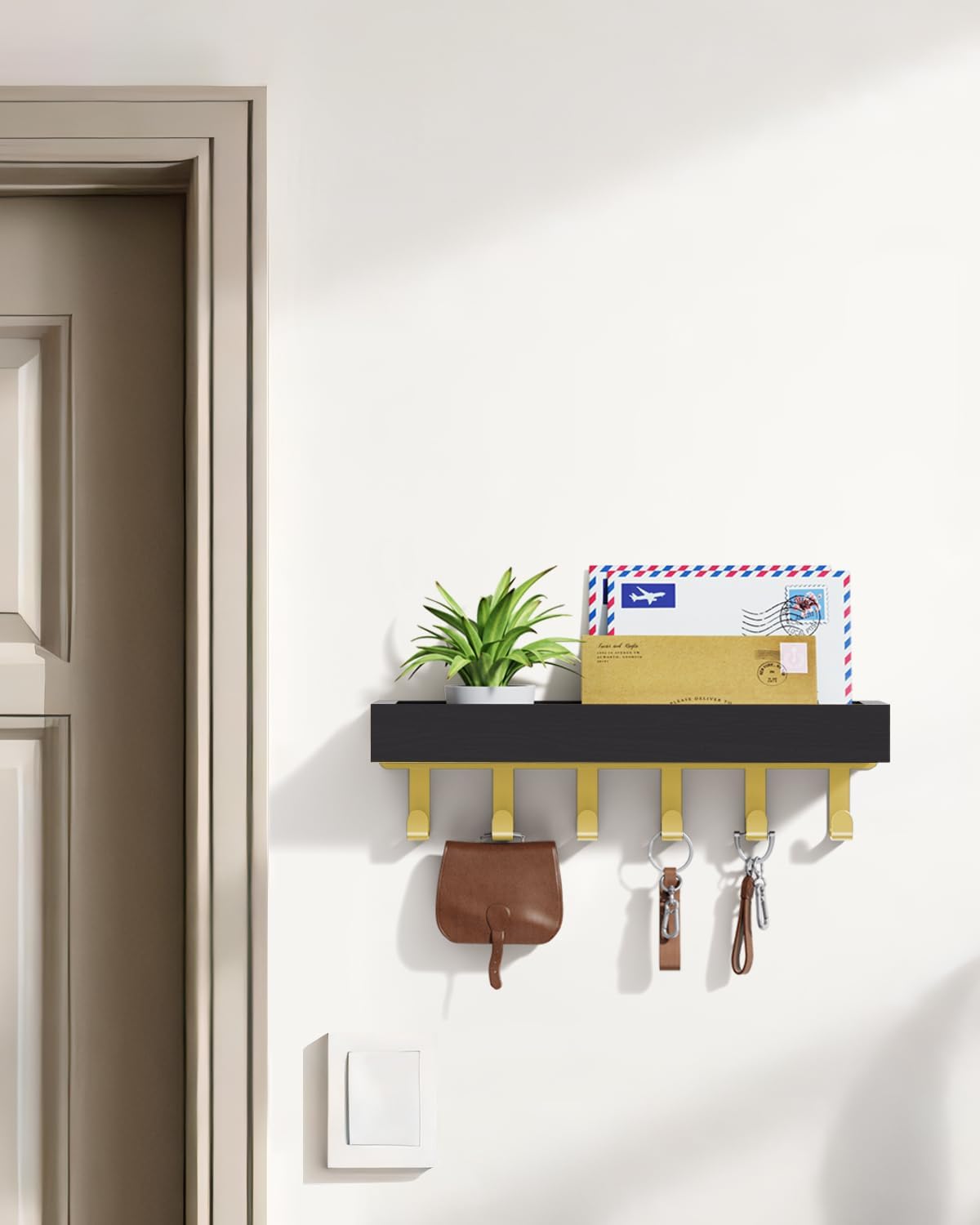 Key Holder Wall Mount Adhesive Magnetic - Hanging Key Hooks with Mail Organizer Tray for Wallet House - Keys Hanger Rack with Shelf for Camper Entryway Door Home Living Room Decor Large Black