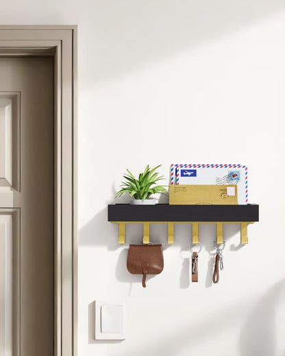 Key Holder Wall Mount Adhesive Magnetic - Hanging Key Hooks with Mail Organizer Tray for Wallet House - Keys Hanger Rack with Shelf for Camper Entryway Door Home Living Room Decor Large Black