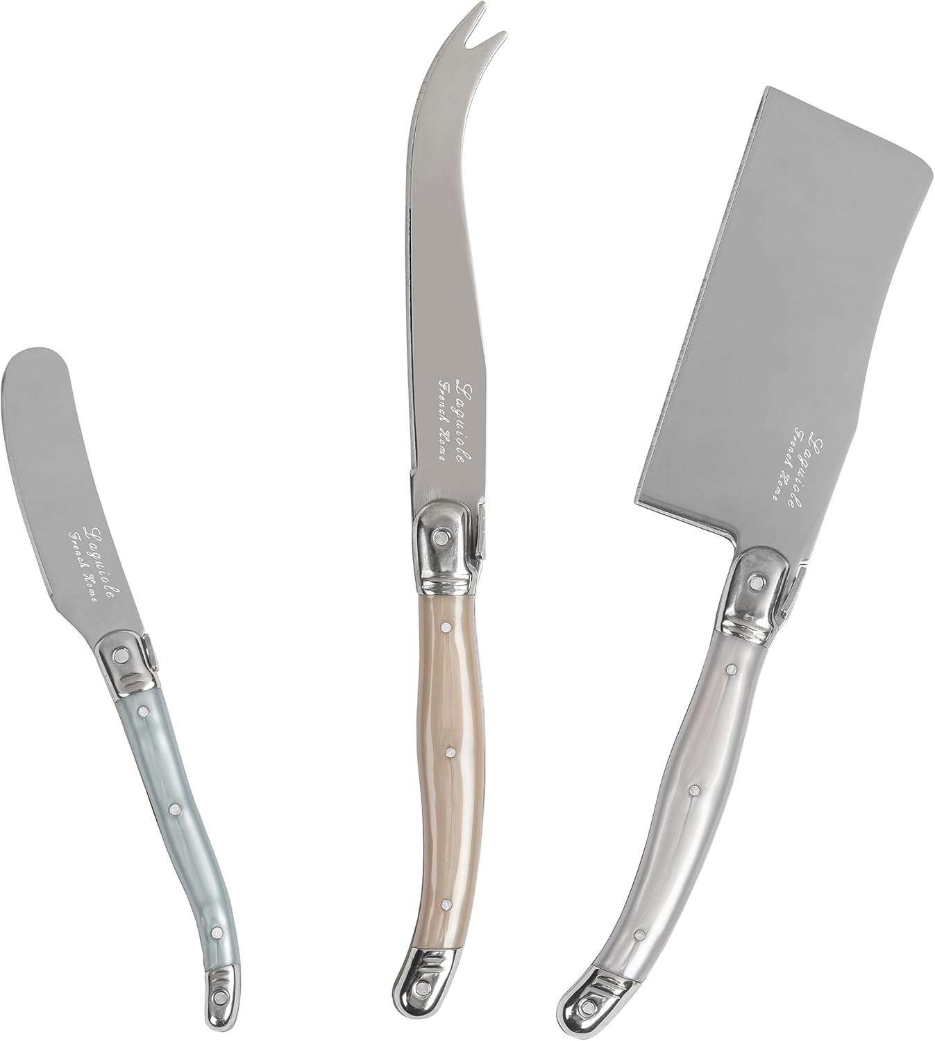 Laguiole Cheese Knife Set of 3 – Charcuterie Accessories w/Faux Ivory Handles – Includes 6.25" Cheese Spreader, 9.25" Spear & 8.5" Cleaver Knife