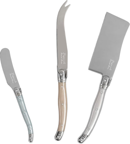 Laguiole Cheese Knife Set of 3 – Charcuterie Accessories w/Faux Ivory Handles – Includes 6.25" Cheese Spreader, 9.25" Spear & 8.5" Cleaver Knife