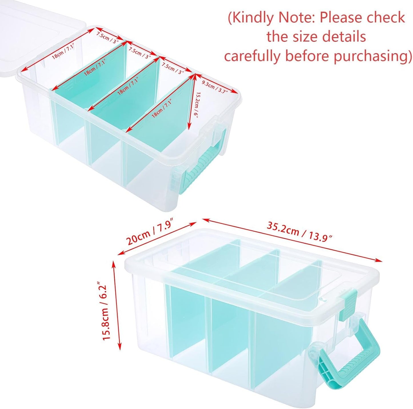 BTSKY Clear Plastic Dividing Storage Box with 4 Compartments Adjustable Storage Bin with Lid Plastic Craft Storage Container Multipurpose Sewing Box Art Supply Organizer, 13.3x8.1x3.4 Inches