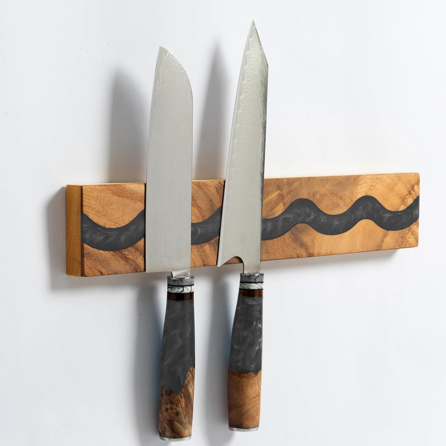 Magnetic Knife Holder, 15.7 Inch Walnut Wood and Resin Magnetic Knife Bar for Wall, Heavy Duty Magnet Holds 8 Knives, Handcrafted Ocean Blue (Ocean's Embrace)