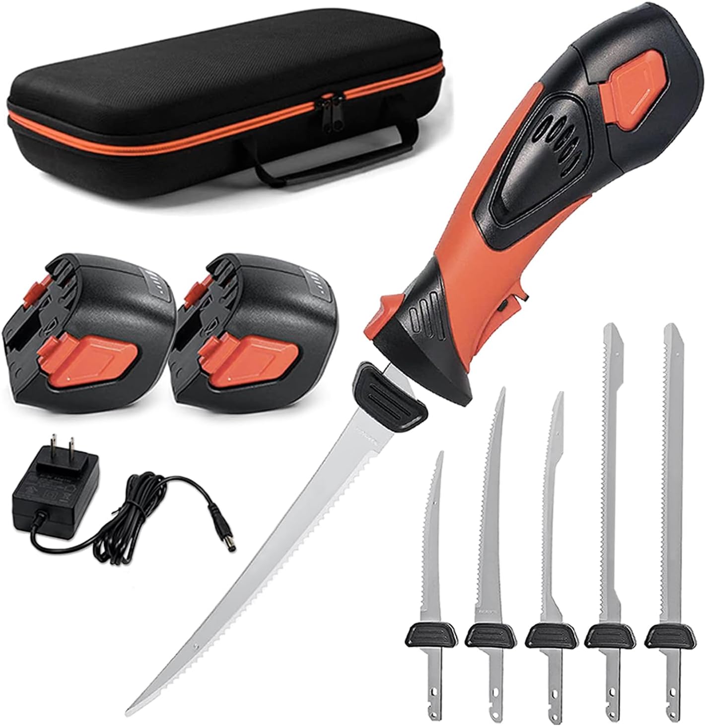 Cordless Electric Fillet Knife - 5 Ti-Nitride Coated Non-Stick Blades, Ergonomic Non-Slip Grip Handle & Cooling Vent Stylish with Carry Bag,Perfect Electric Knife for Effortless Fishing (Red)