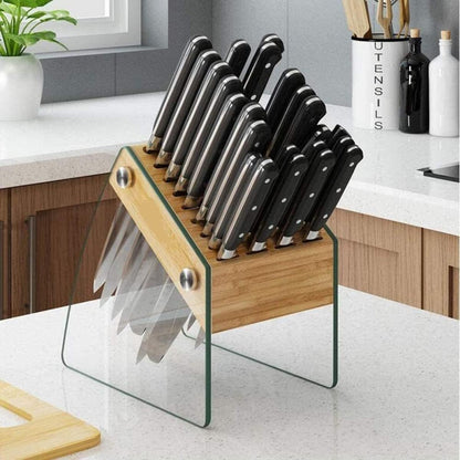 Knife Block Wood Tempered Glass 23 Slot Kitchen Knife Holder Desktop & Easy Storage Empty Knife Block Storage Organiser Without Knives