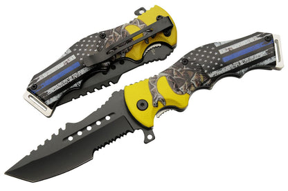 SZCO Supplies 8.5" Assisted Opening Folding Knife - Thin Blue Line EDC Utility Knife with Pocket Clip, Tactical Tanto Blade, Serrated Edge, Law Enforcement Tribute