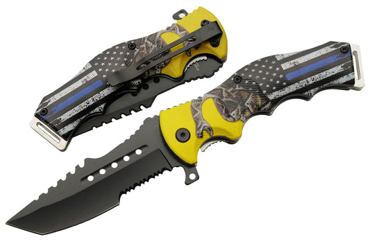 SZCO Supplies 8.5" Assisted Opening Folding Knife - Thin Blue Line EDC Utility Knife with Pocket Clip, Tactical Tanto Blade, Serrated Edge, Law Enforcement Tribute