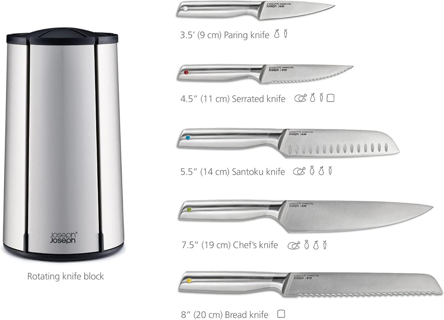 Joseph Joseph Elevate - Steel Knives Carousel 5-Piece Set with Rotating Stainless-Steel Knife Block, Japanese Stainless-Steel Blades, Fingerprint-Proof Coating and Non-Slip Base, Kitchen Accessories