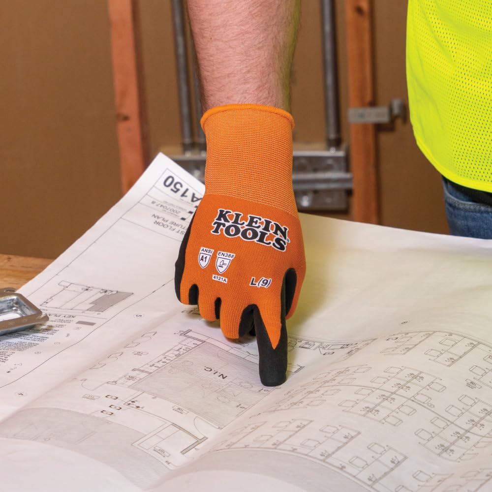 Klein Tools 60581 Work Gloves, Knit Dipped Cut Resistant ANSI A1 Nitrile Coated Gloves, Nylon-Spandex, Touchscreen Capable, Large, 2-Pair