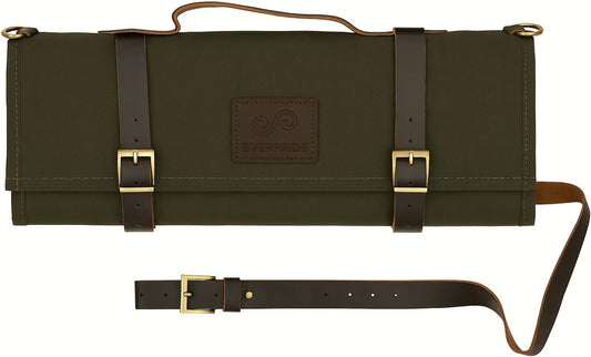 EVERPRIDE Stunning Waxed Canvas Roll Bag in Rich Dark Green w Genuine Leather Trim. Handsome Professional Chef Knife Roll Bag with upto 14" Knives and Storage Compartments A Super Gift